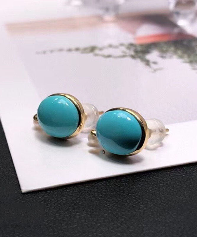 Simple Blue 18k Gold Inlaid Turquoise Jade Stud Earrings