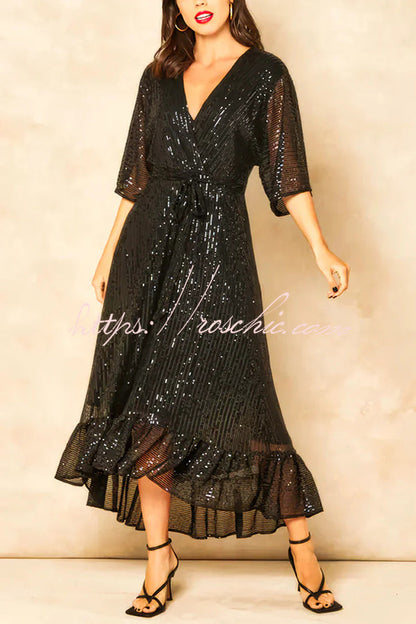 Color Sequined V-neck Waist Tie Loose Maxi Dress