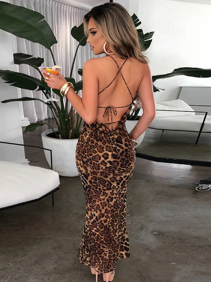 Leopard Print Maxi Dress for Summer Club Party Dresses Female Spaghetti Strap Sleeveless Long Dress