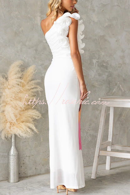 Print One-shoulder Fitted Mesh Maxi Dress