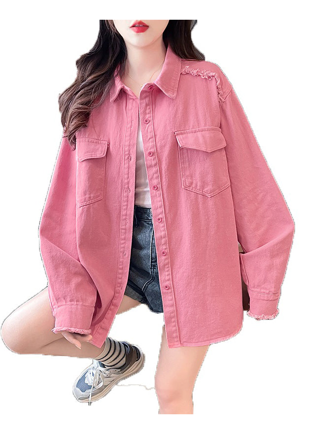 Pink Peter Pan Collar Pockets Denim Shirts Coat Fall Qc001