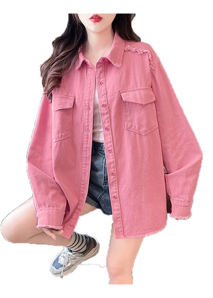 Pink Peter Pan Collar Pockets Denim Shirts Coat Fall Qc001