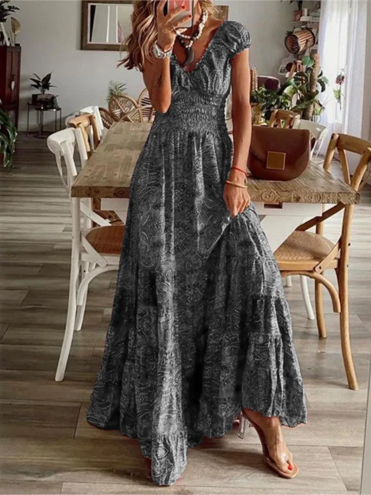Print Long Dresses V-neck Elastic Waist Short Sleeves Vacation Style Dress Female Vestidos