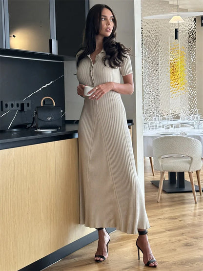Ribbed High Waist Slim Maxi Dress for Knitwear Lapel Party Dress Gown Short Sleeve Knit Dress