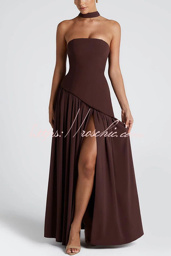 Off Shopulder Chiffon Pleated Hem Scarf Slit Maxi Dress