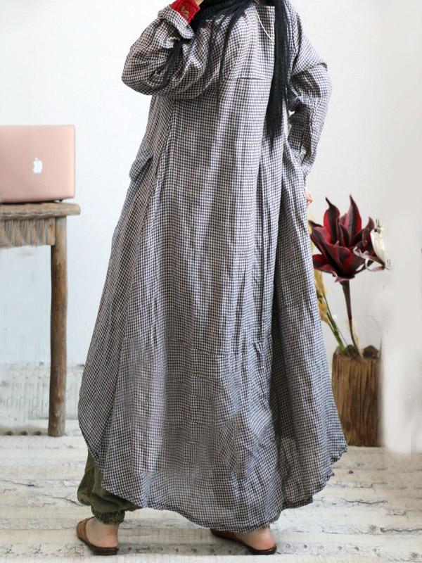 Loose Linen Plaid Round-neck Long Dress