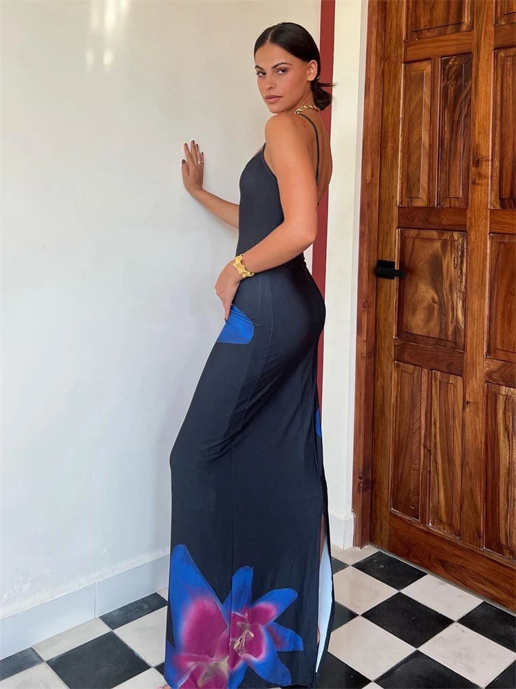 Summer for Halter Dress Printed Slim Backless Maxi Dress Spaghetti Sundress Female Long Skirt New