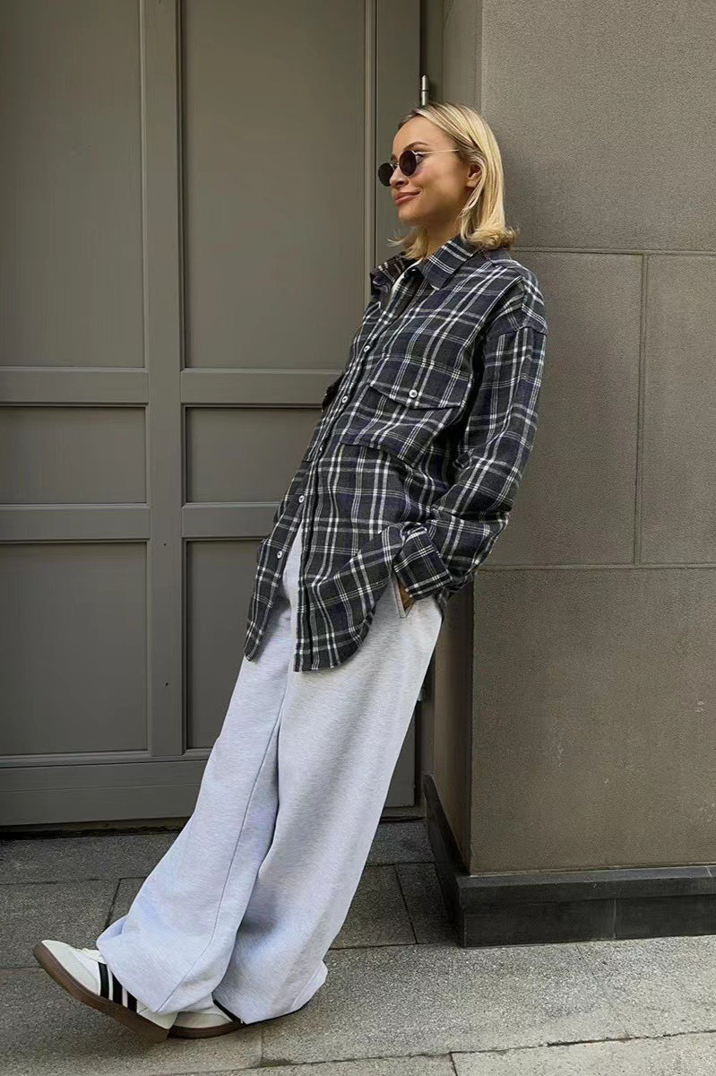 American Plaid Double-pocket Mid-length Blouse