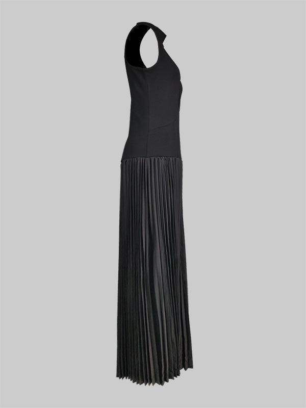 Bodycon Sleeveless Hollow Pleated Color Split-joint Mock Neck Maxi Dresses