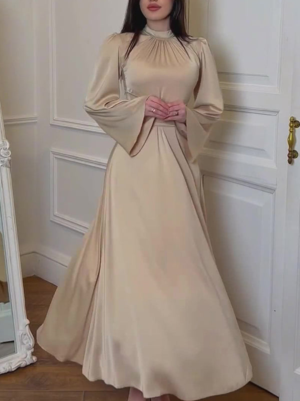 Long Sleeves Loose Pleated Color Tied Waist Mock Neck Maxi Dresses
