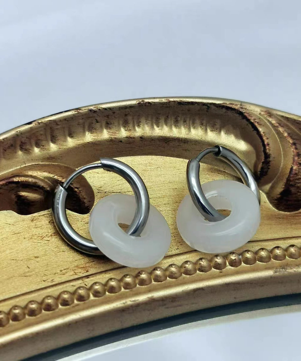 Diy White Sterling Silver Inlaid Jade Hoop Earrings