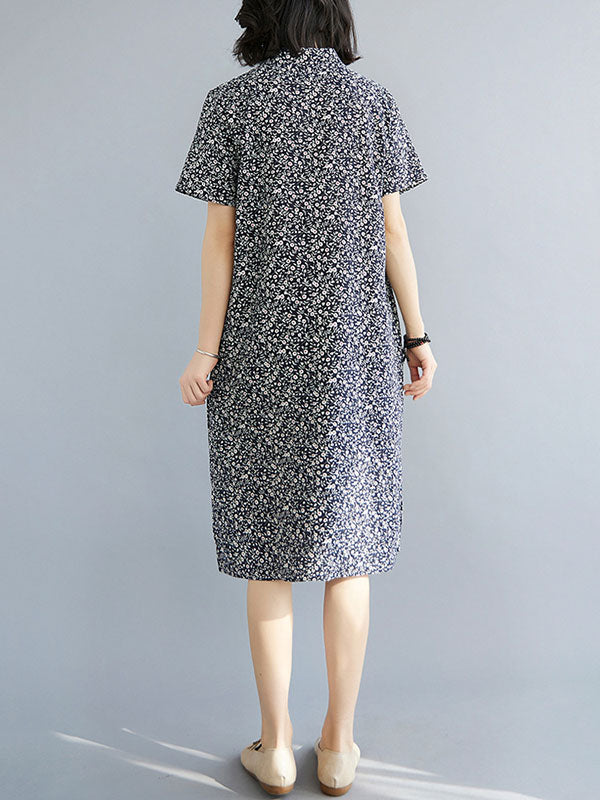 Artistic Retro Printed Stand Collar Short Sleeves Cheongsam Midi Dress