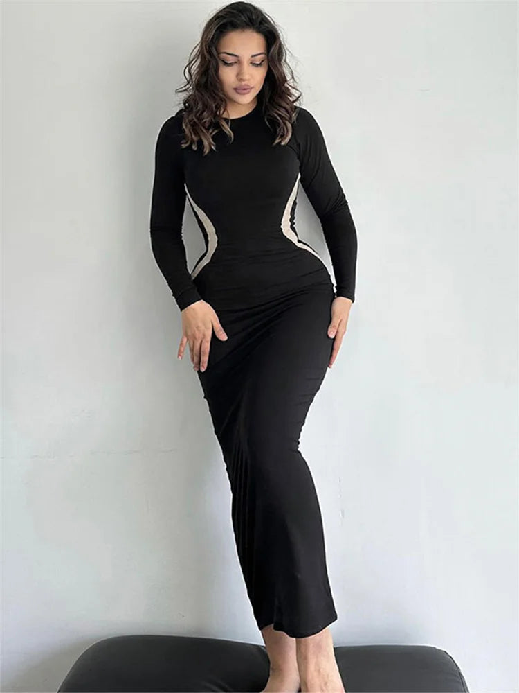 Black Patchwork Slim Dress for Long Sleeve Contrast Bodycon Party Dress Maxi Dress