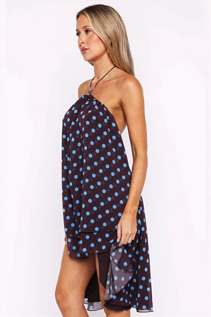 Polka Dot Halter Backless Tie Waist Mini Dress