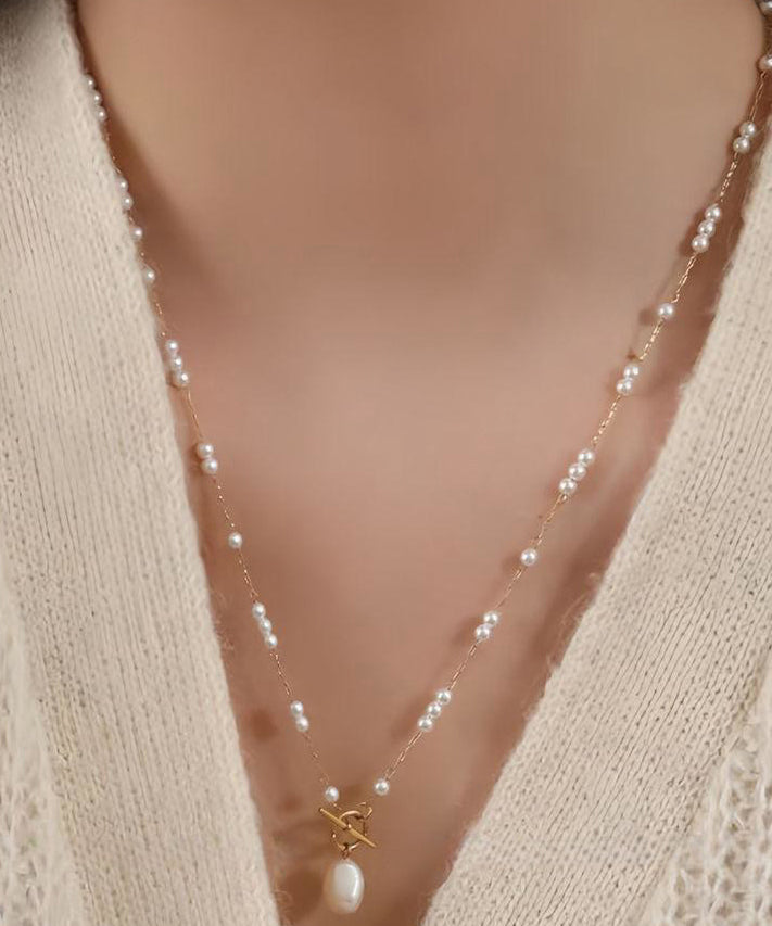 Gold Stainless Steel Pearl Pendant Necklace