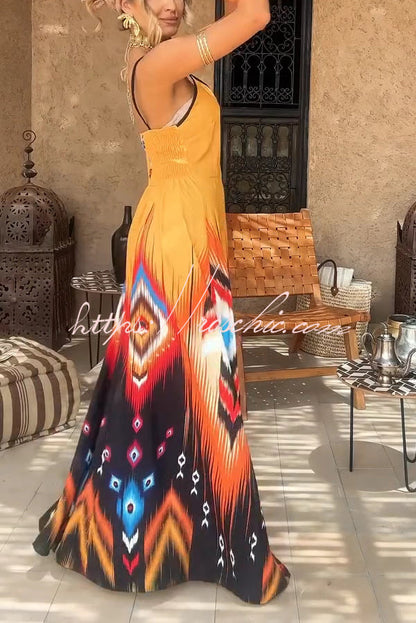 Unique Printed Suspender V-neck Loose Maxi Dress