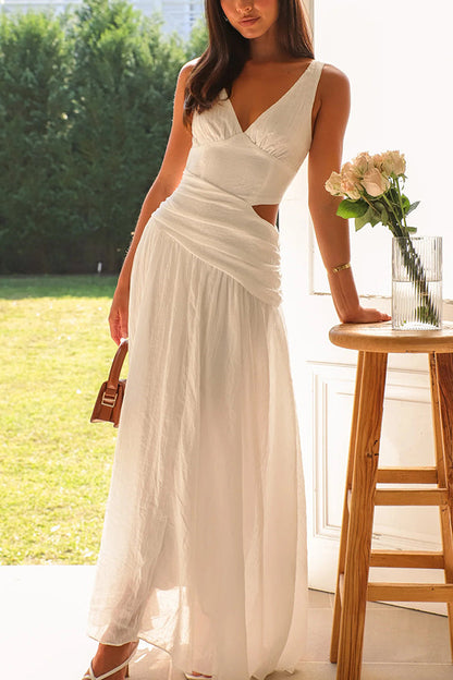 Color V-neck Waist Hollow Slim Maxi Dress