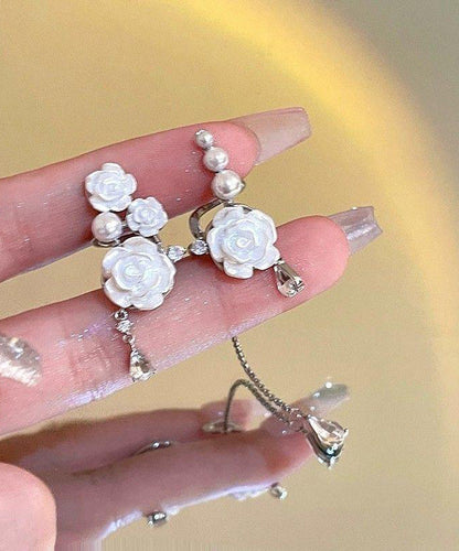 White Sterling Silver Asymmetrical Rose Tassel Drop Earrings