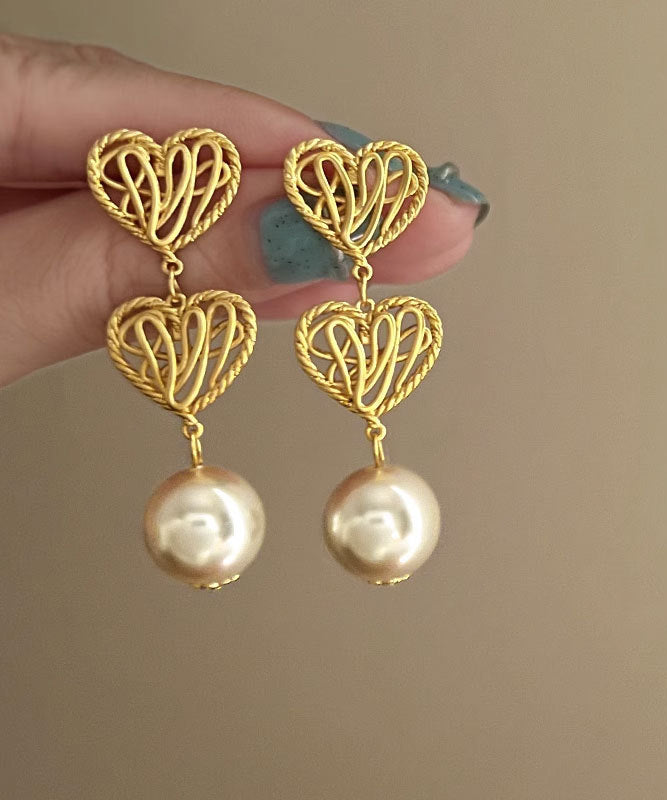 New Gold Copper Alloy Hollow Out Love Pearl Drop Earrings