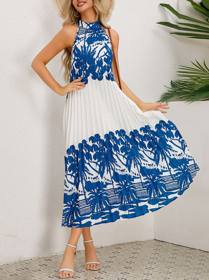 A-line Loose Hollow Pleated Printed Tied Mock Neck Midi Dresses