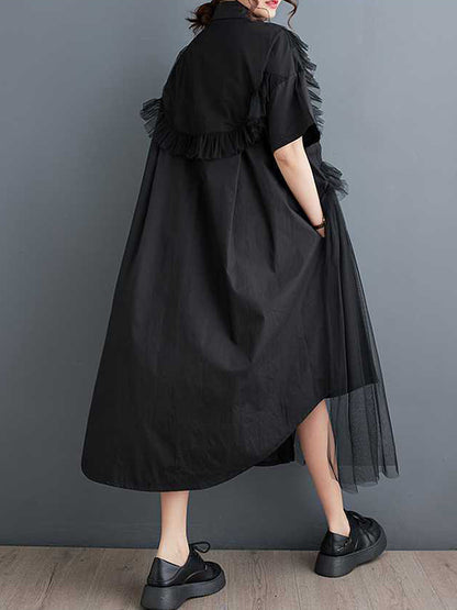 A-line Half Sleeves Asymmetric Buttoned Ruffled Color Split-joint Lapel Midi Dresses Shirt Dress