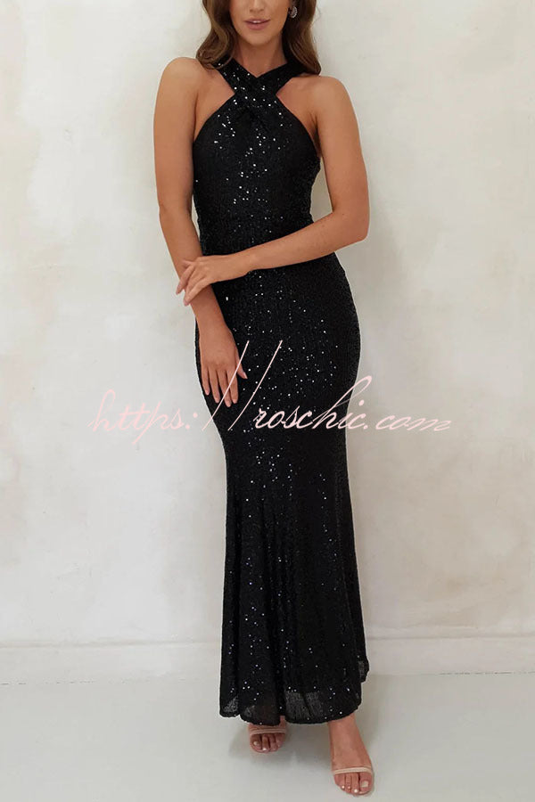 Time to Sparkle Sequin Cross Halter Neck Backless Maxi Dress