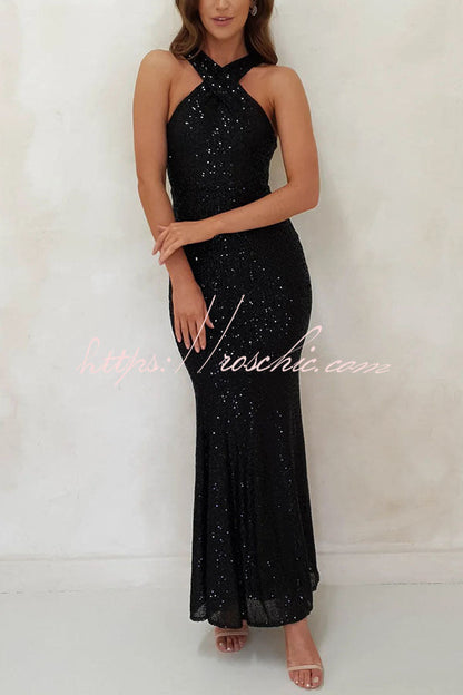 Time to Sparkle Sequin Cross Halter Neck Backless Maxi Dress