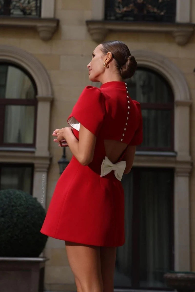 Adelaide Scarlet - Bowknot Cut-out Mini Dress