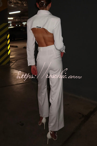 Style Long Sleeve Open Back Blouse and Pocketed Straight Leg Loose Pants Set