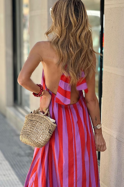 Red Striped Loose Backless Long Dress