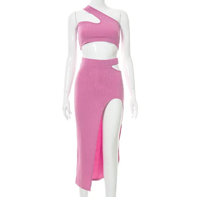 Ribbed Hollow Out Sleveless Long Dress Split Out Slim Vestidos Cropped Off Shoulder Holiday Beachwear