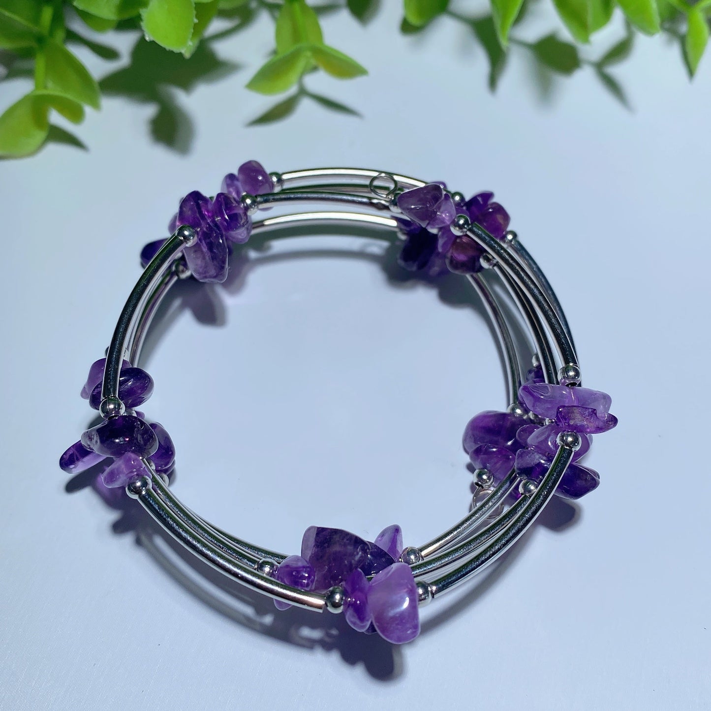 Adjustable Amethyst Chip Healing Bracelet With Aquamarine