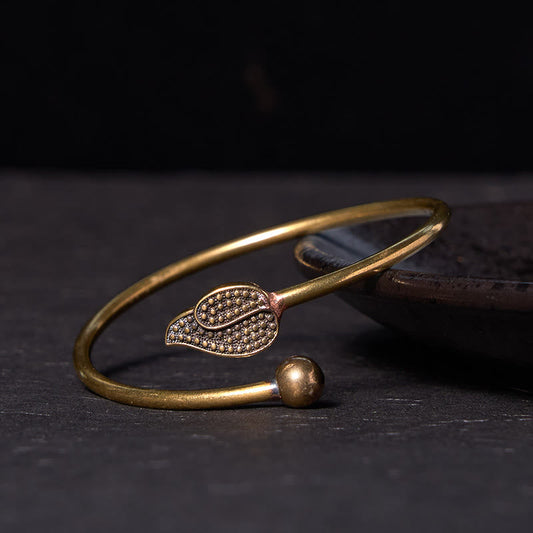 Adjustable Copper Leaf Bead Cuff Bracelet for Luck & Wealth