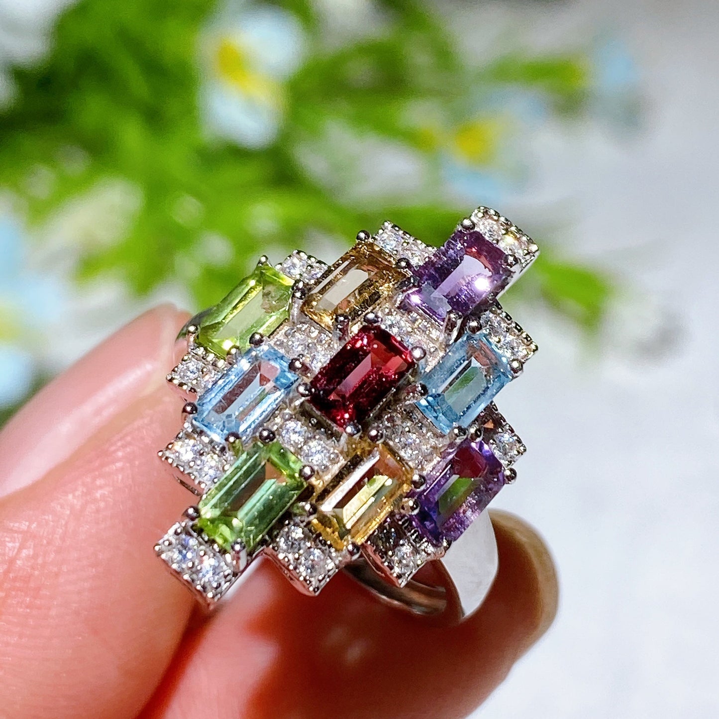 Adjustable S925 Crystal Healing Ring With Multi Gemstones
