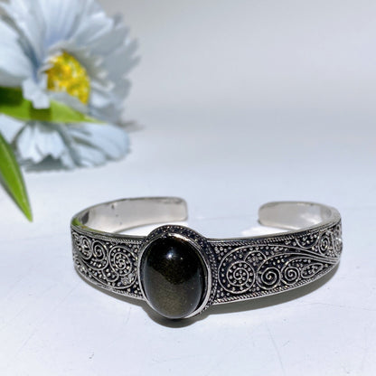Adjustable Silver Crystal Bangle With Healing Gemstones