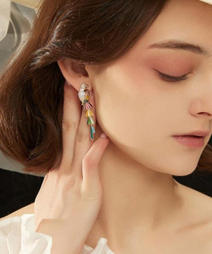 Rainbow Copper Overgild Zircon Parrot Tassel Drop Earrings