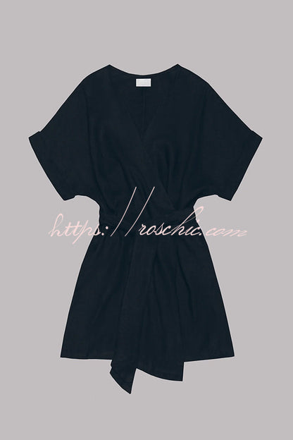 Breezy Retreat Cotton Linen Blend Pocketed Belt Kimono Mini Dress