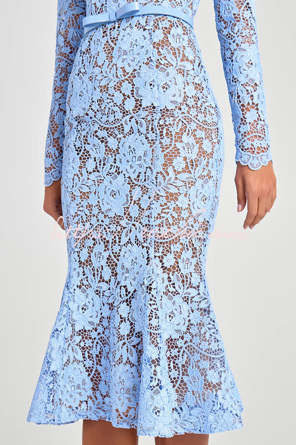 Feminine and Flower Lace Long Sleeve Bow Belted Flare Midi Dress