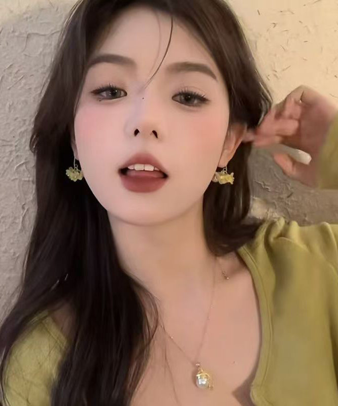 Yellow Copper Alloy Acrylic Pearl Osmanthus Hoop Earrings