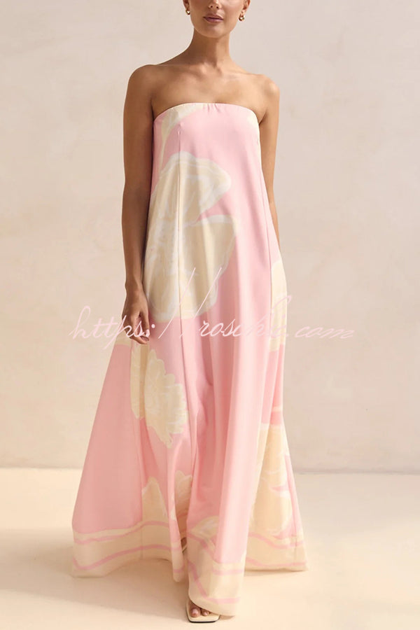 Unique Print Tube Top Back Zipper Loose Maxi Dress