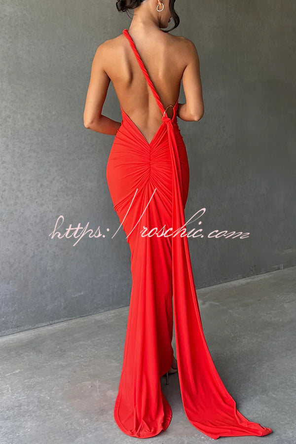 Backless Pleated Slim Color Sleeveless Maxi Dress