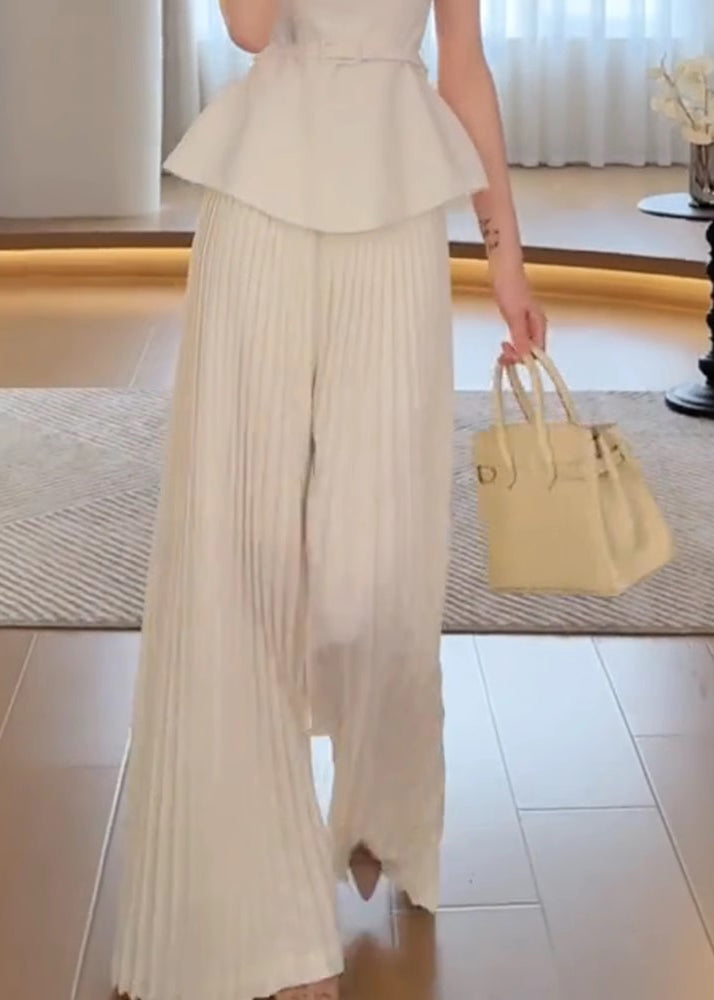 White Waist High Leg Spring Pants Wide Classy