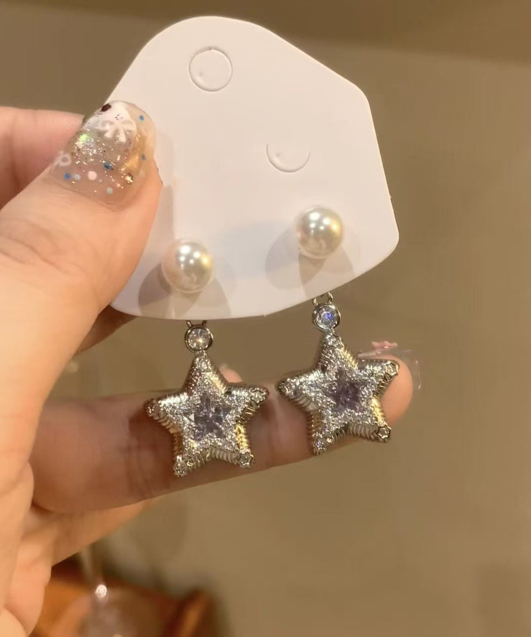 Fine Silk Copper Alloy Zircon Five-pointed Star Pearl Drop Earrings