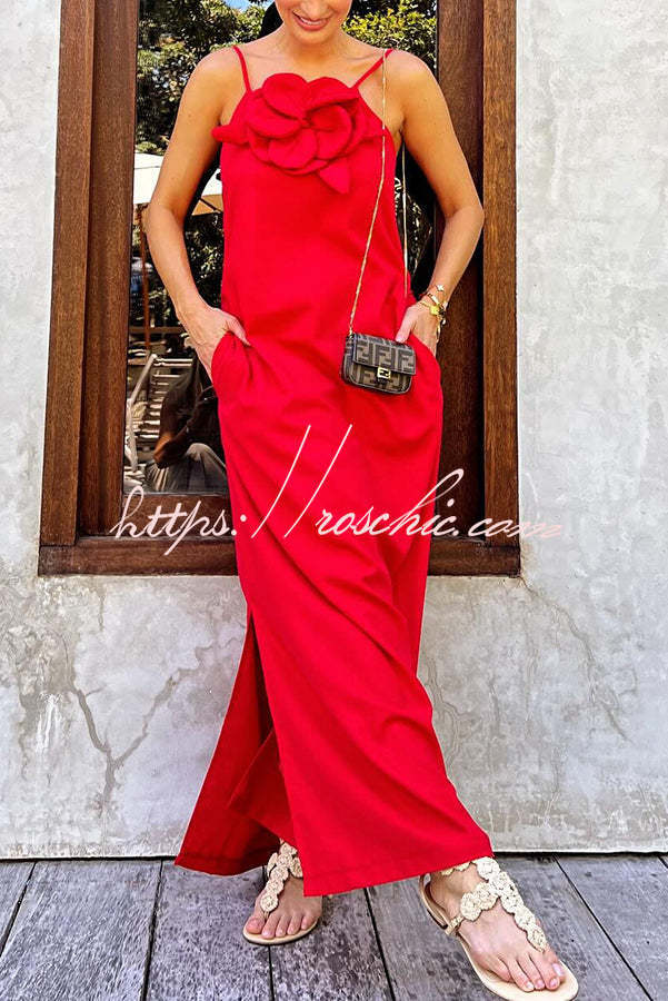Vacay Ready Linen Blend Embellishment Pocketed Slit Maxi Dress