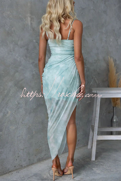 Saloni Mesh Print Twist Ruched Detail Irregular Hem Stretch Maxi Dress