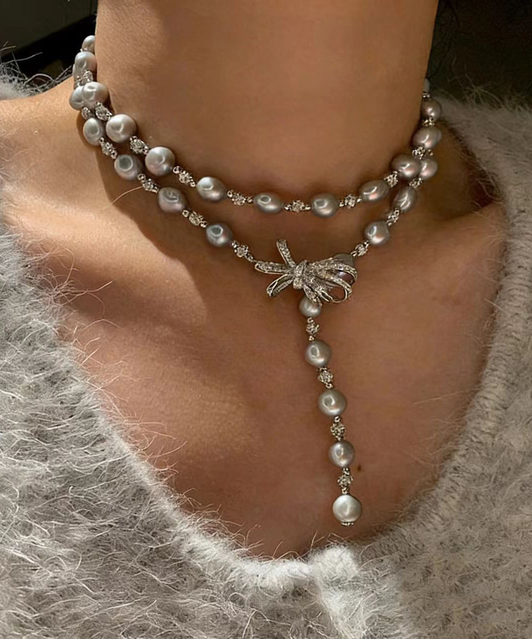 Grey Bow Multi-layer Pearl Necklace