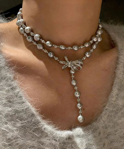 Grey Bow Multi-layer Pearl Necklace
