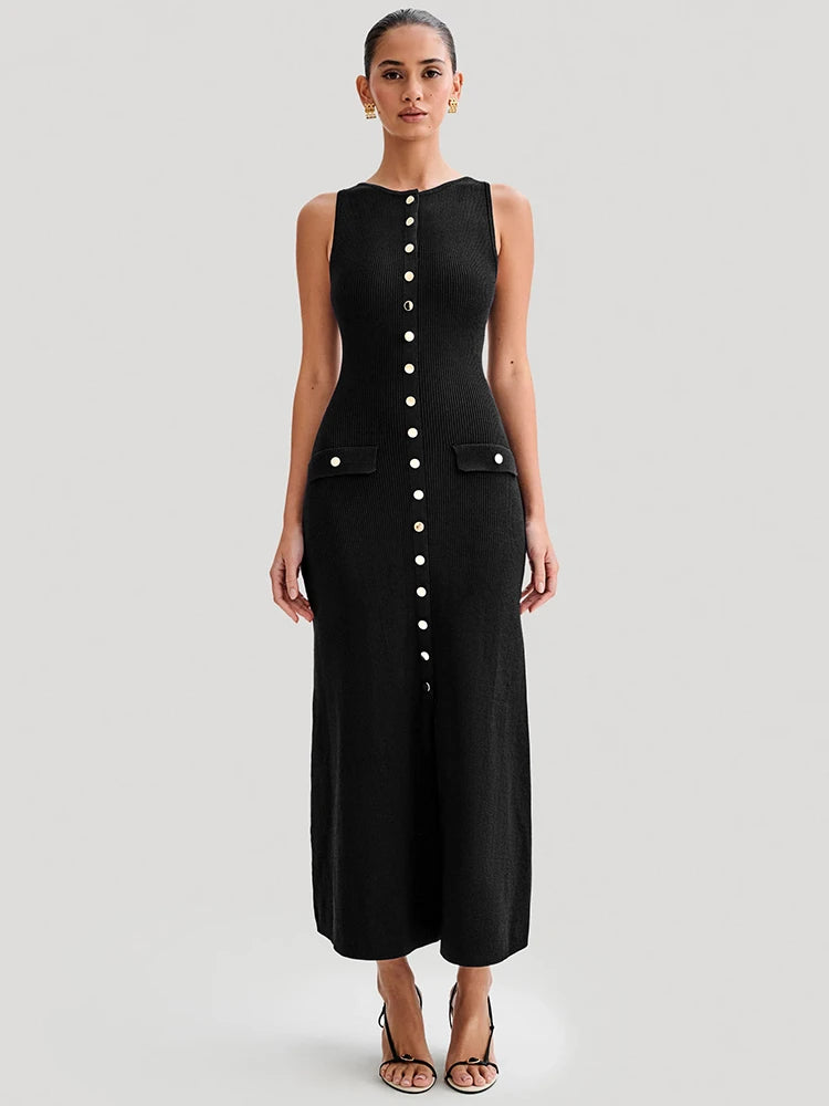Sleeveless Buttoned Maxi Dress for Round Two Pocket Slim Knit Long Dress Knitwear New