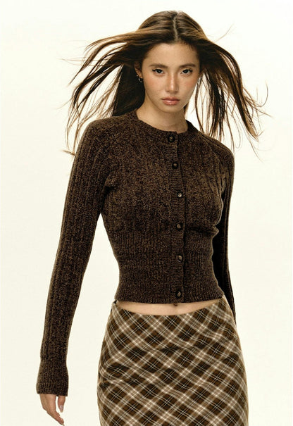 Brown Fitted Ribbed Button Cardigan