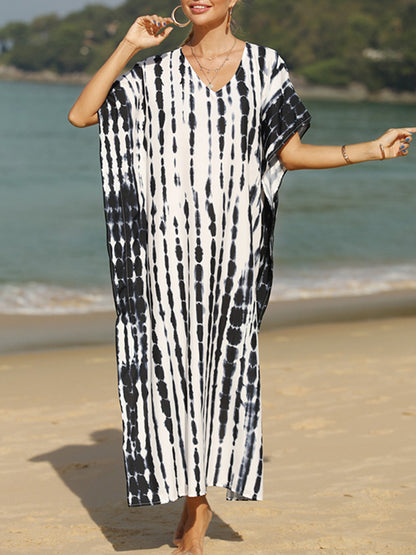 Loose Short Sleeves Printed Split-side Sun Protection V-neck Maxi Dresses
